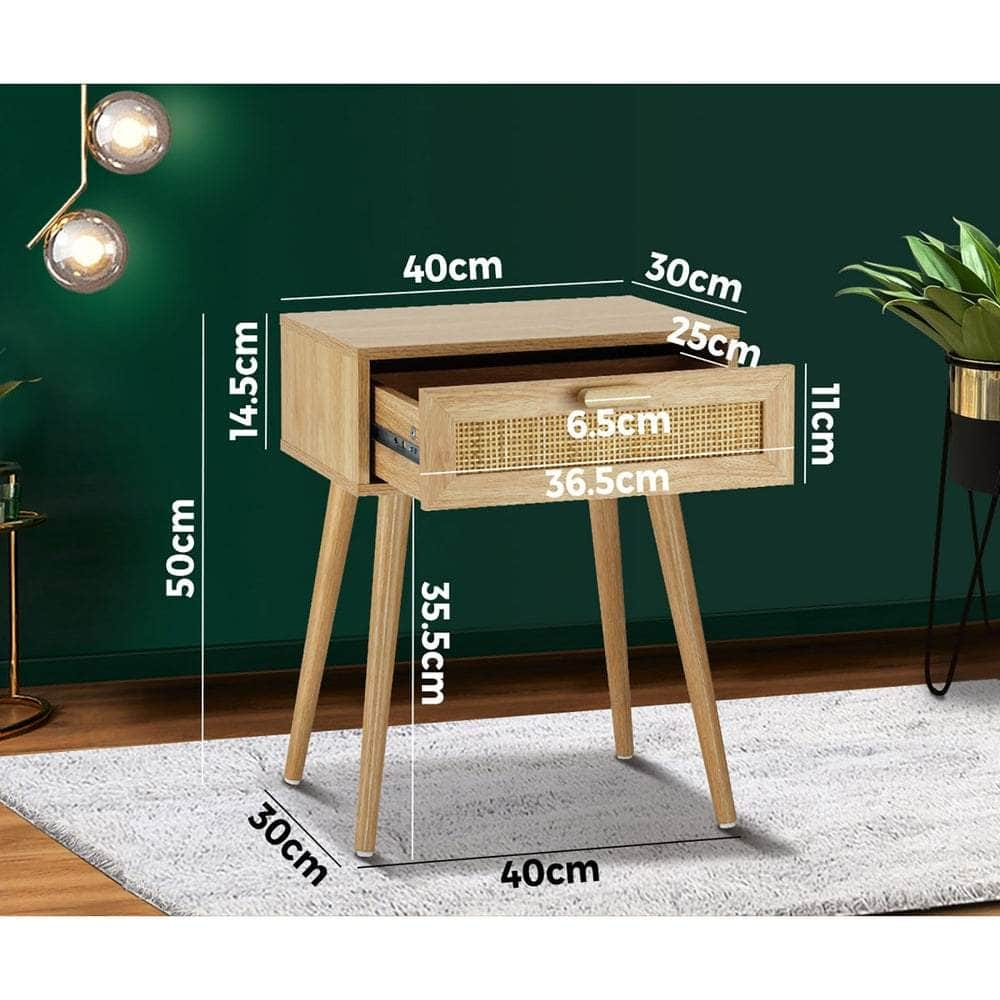 Bedside Table Drawers Bedroom Wood Cabinet Nightstand Rattan Furniture