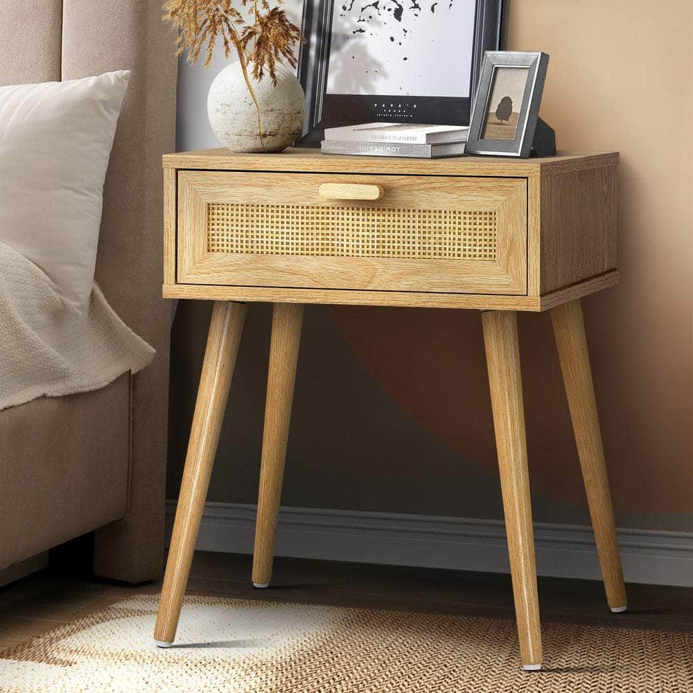 Bedside Table Drawers Bedroom Wood Cabinet Nightstand Rattan Furniture