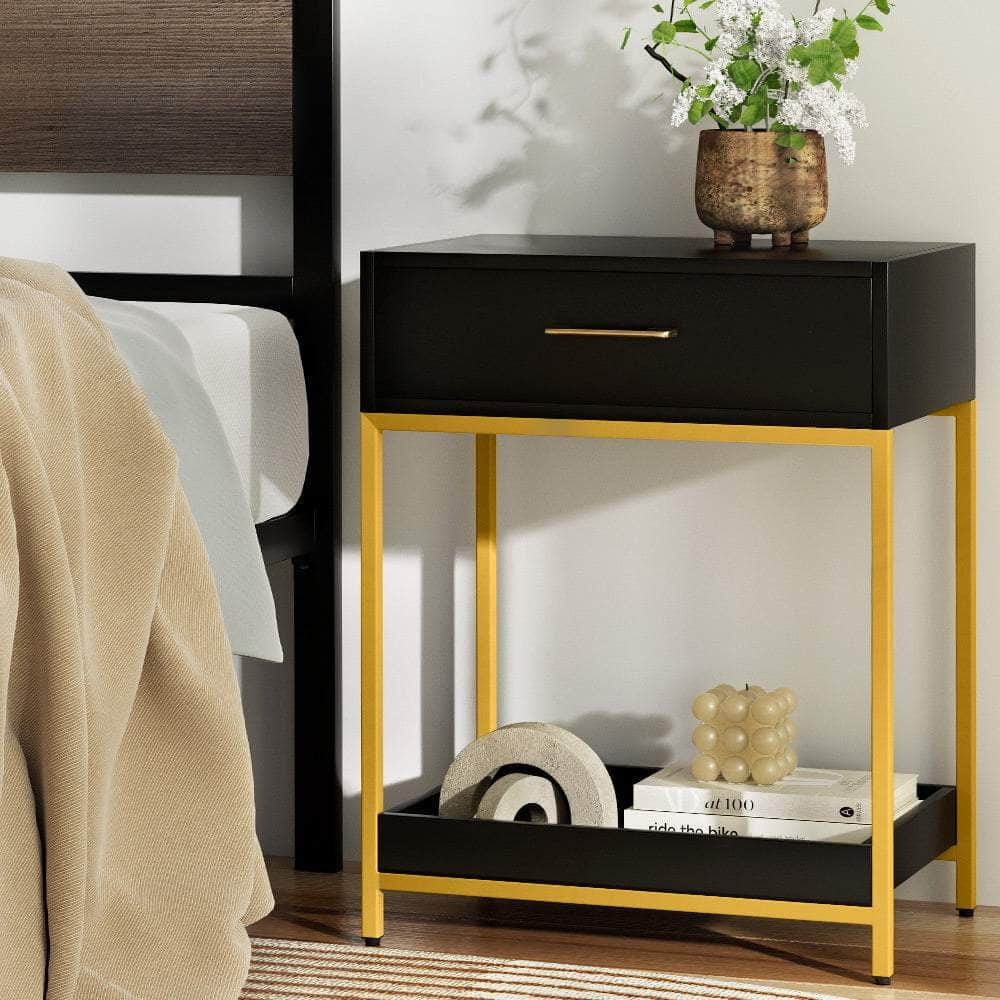 Bedside Table Drawers Side Table Shelf Storage Nightstand Black MASON