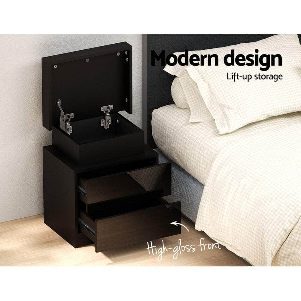 Bedside Table LED 2 Drawers Lift-up Storage - COLEY Black