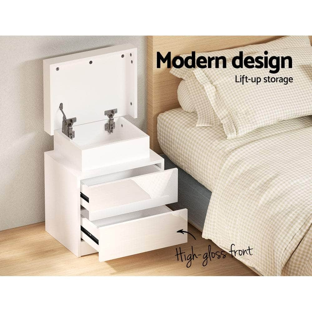 Bedside Table LED 2 Drawers Lift-up Storage - COLEY White