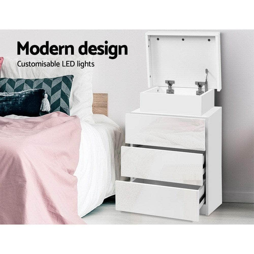 Bedside Table LED 3 Drawers - COLEY White