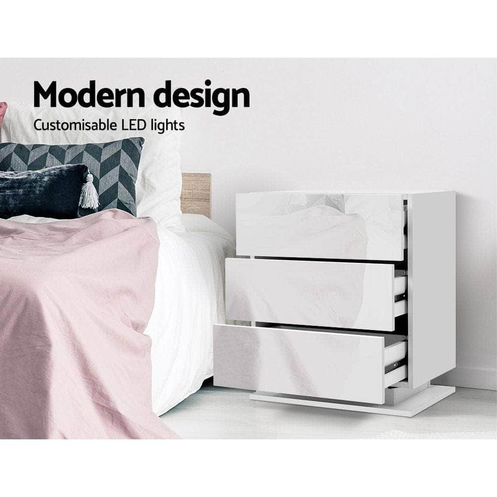 Bedside Table LED 3 Drawers - MORI White