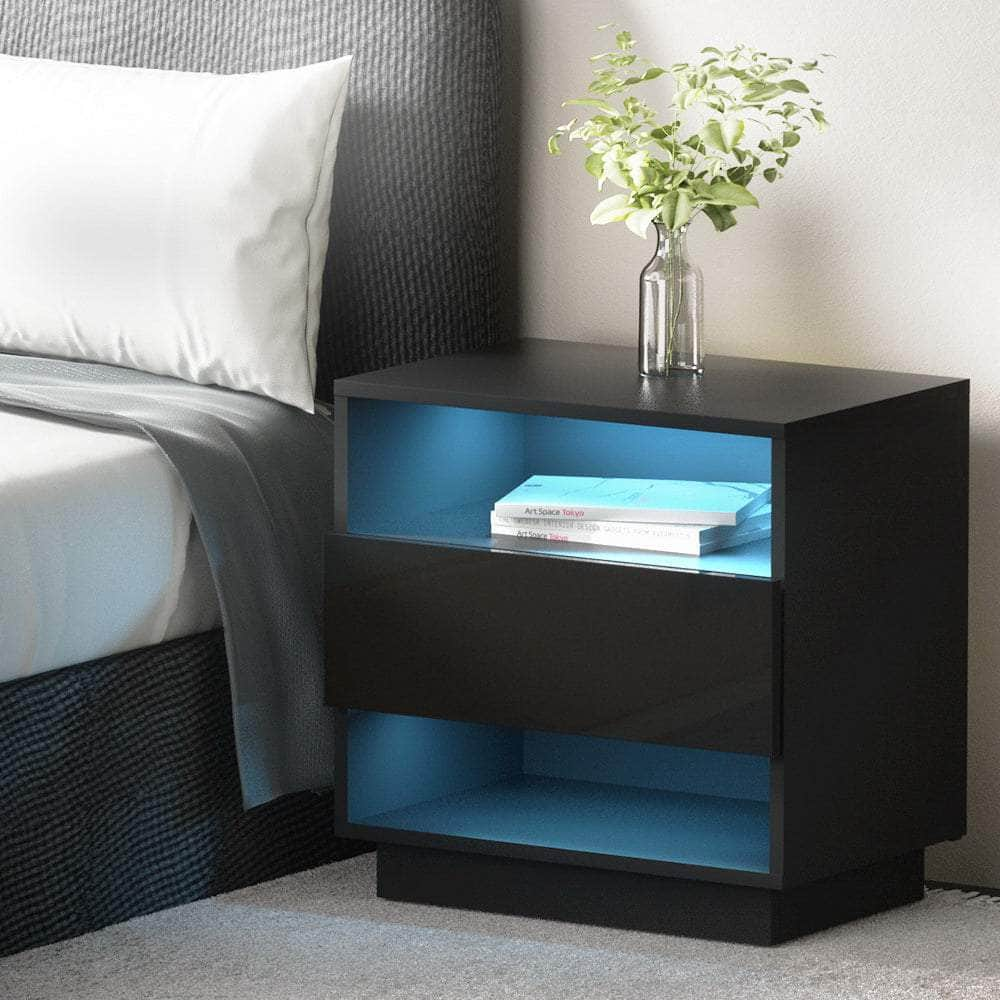 Bedside Table LED with 2 Shelves - HANA Black