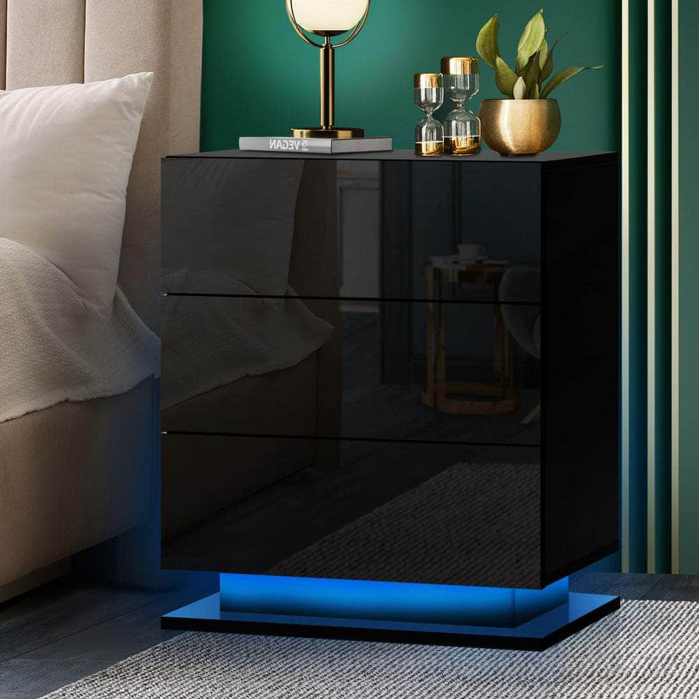 Bedside Table RGB LED Nightstand Cabinet 3 Drawers Side Table Furniture