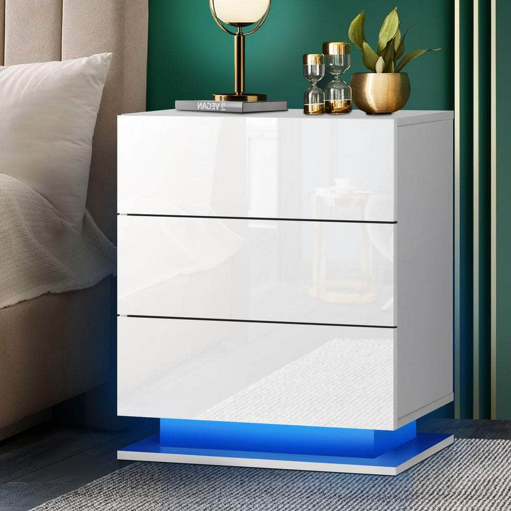 Bedside Table RGB LED Nightstand Cabinet 3 Drawers Side Table Furniture