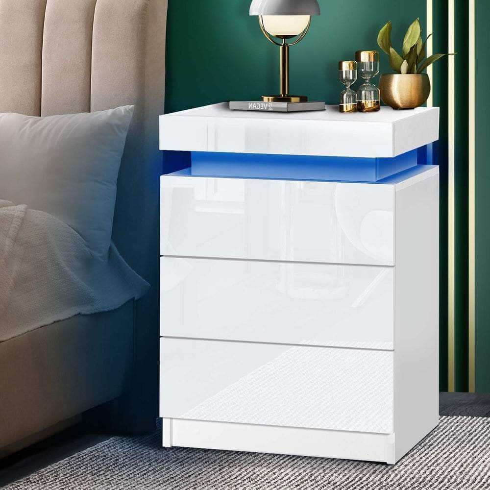 Bedside Table RGB LED Nightstand Cabinet 3 Drawers Side Table Furniture Black/White