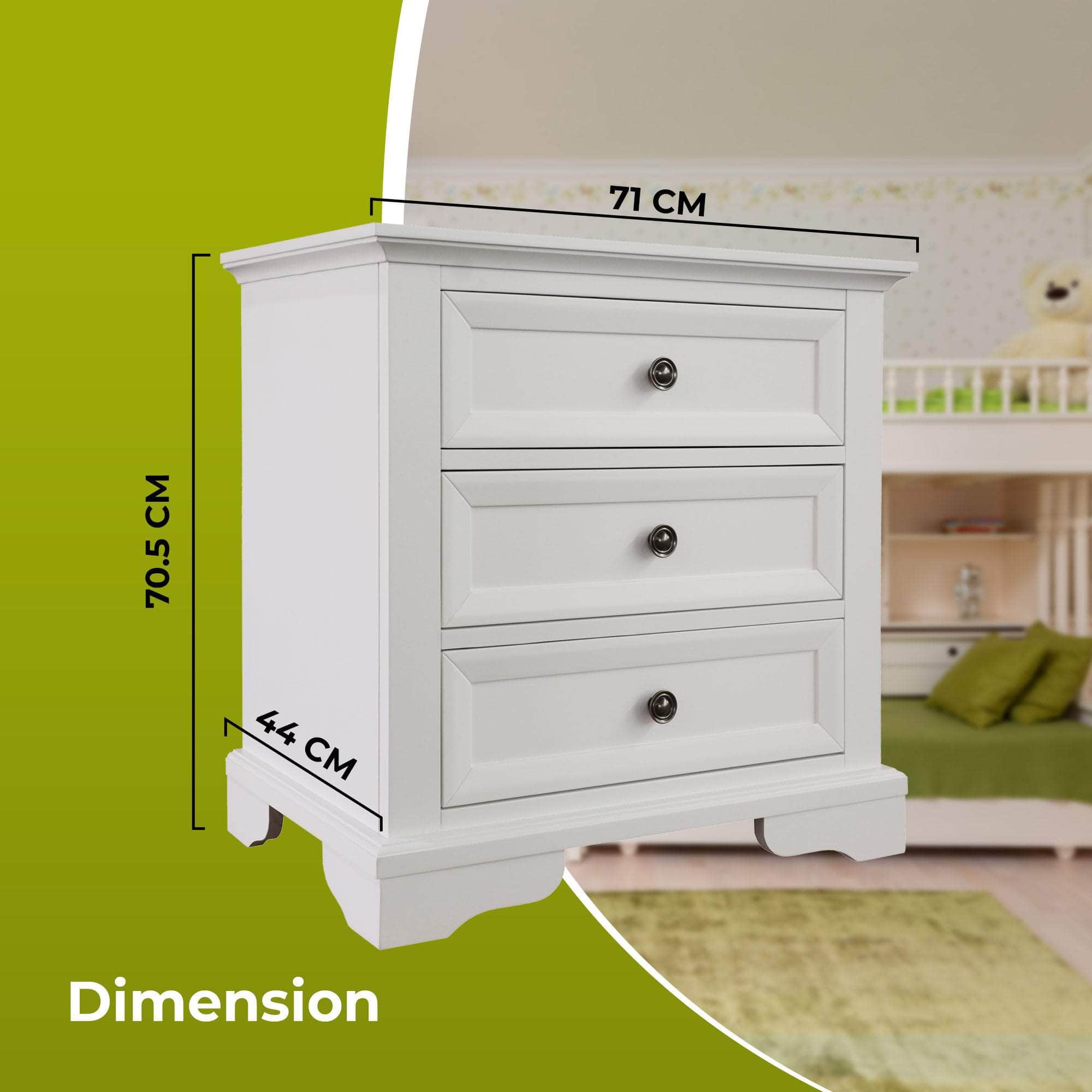 Bedside Table Set Of 2Pcs - 3 Drawers Storage Cabinet Nightstand - White