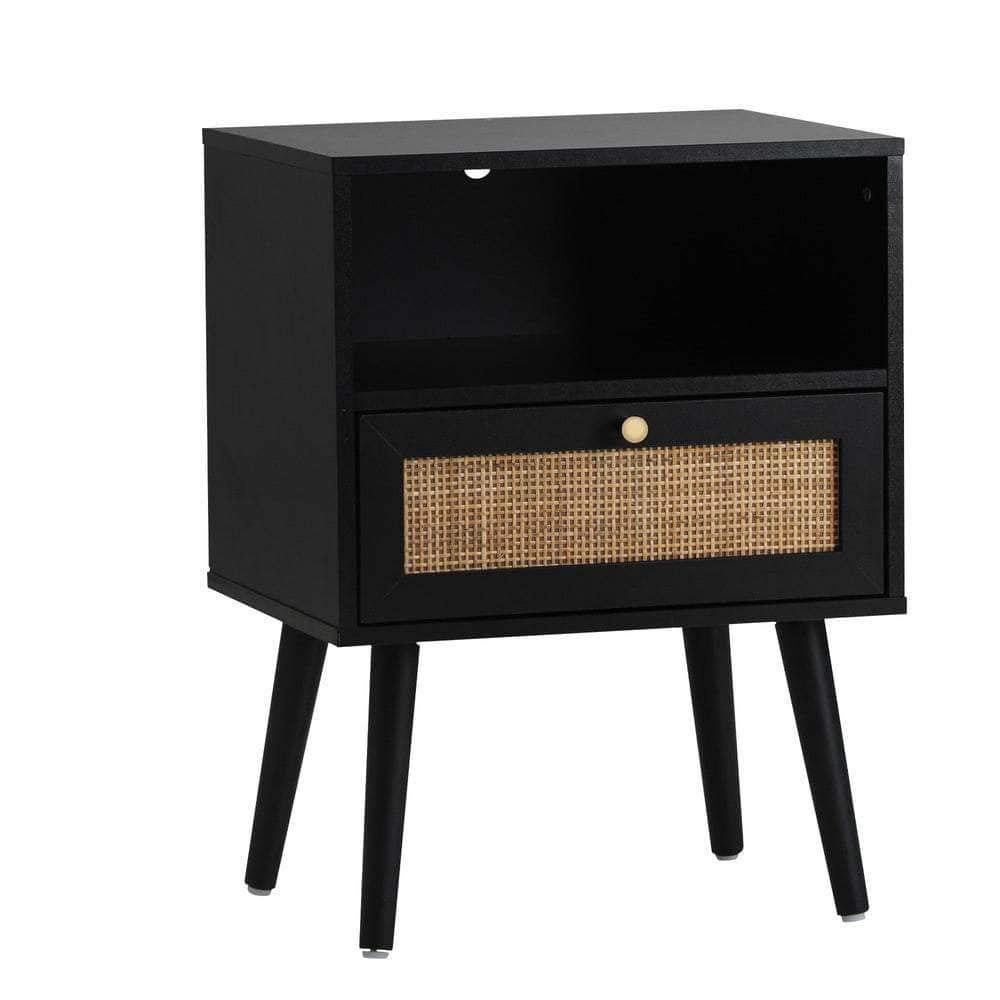 Bedside Table Storage Drawer Shelf Rattan Black