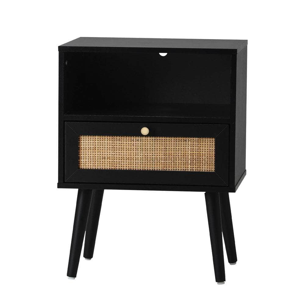 Bedside Table Storage Drawer Shelf Rattan Black