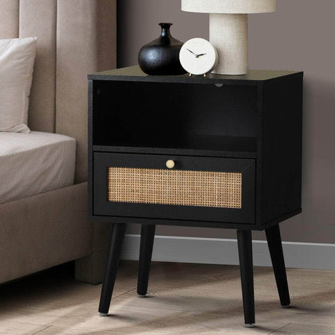 Bedside Table Storage Drawer Shelf Rattan Black