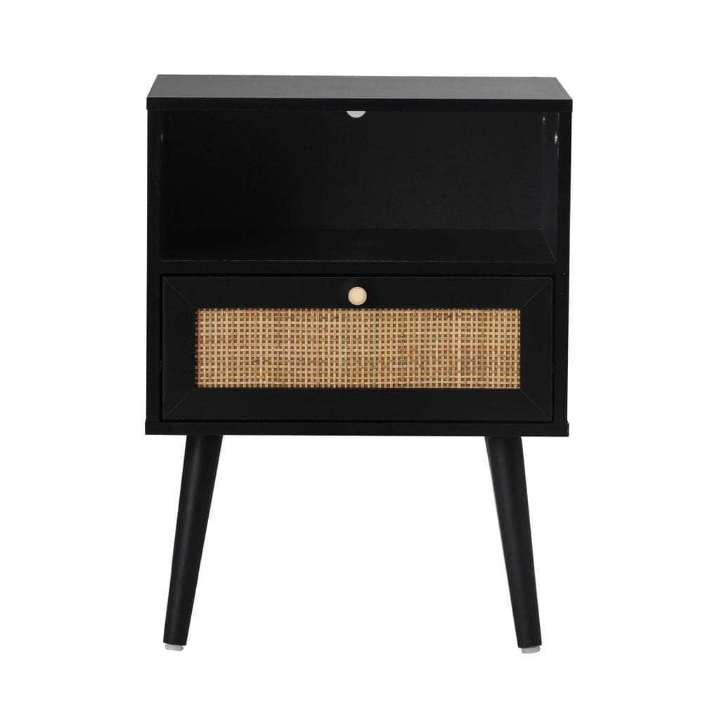 Bedside Table Storage Drawer Shelf Rattan Black