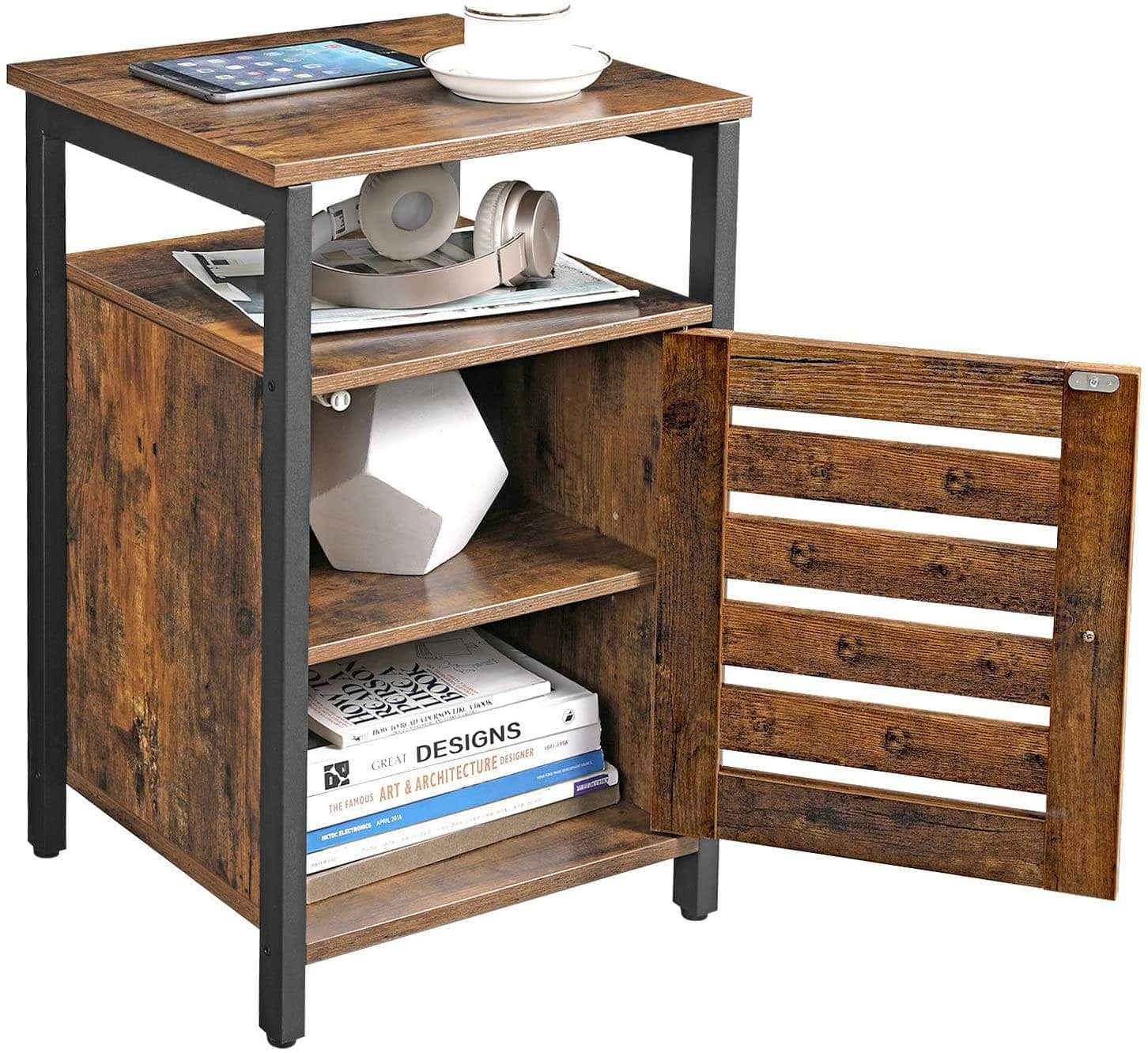 Bedside Table With 2 Adjustable Shelves Steel Frame Rustic Brown And Black