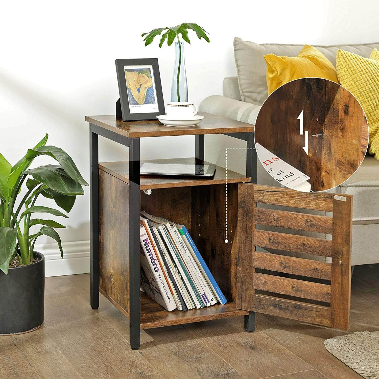 Bedside Table With 2 Adjustable Shelves Steel Frame Rustic Brown And Black