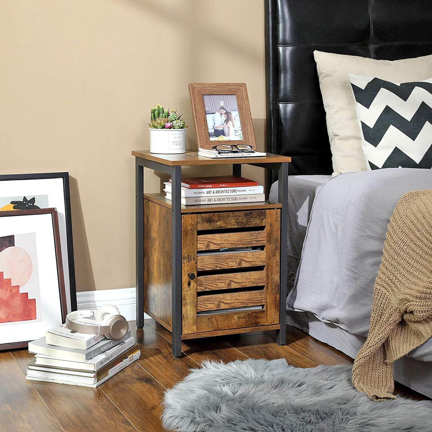 Bedside Table With 2 Adjustable Shelves Steel Frame Rustic Brown And Black