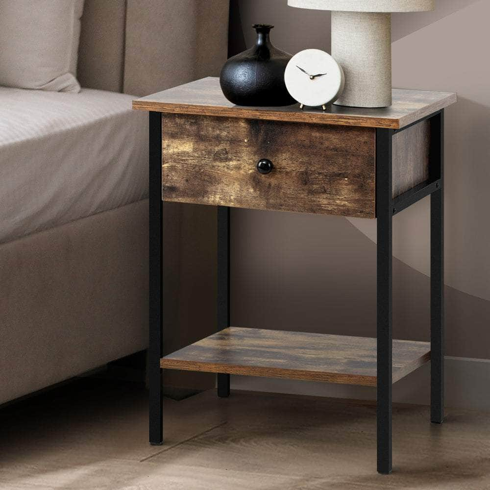 Bedside Table with Drawer and Storage Shelf, Metal Frame Nightstand Cabinet