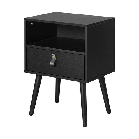 Bedside Tables Side Table Drawer Storage Cabinet w/ Leather Handle Black