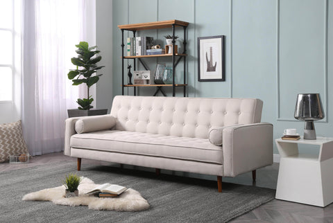 Beige Fabric 3-Seater Button-Tufted Sofa Bed