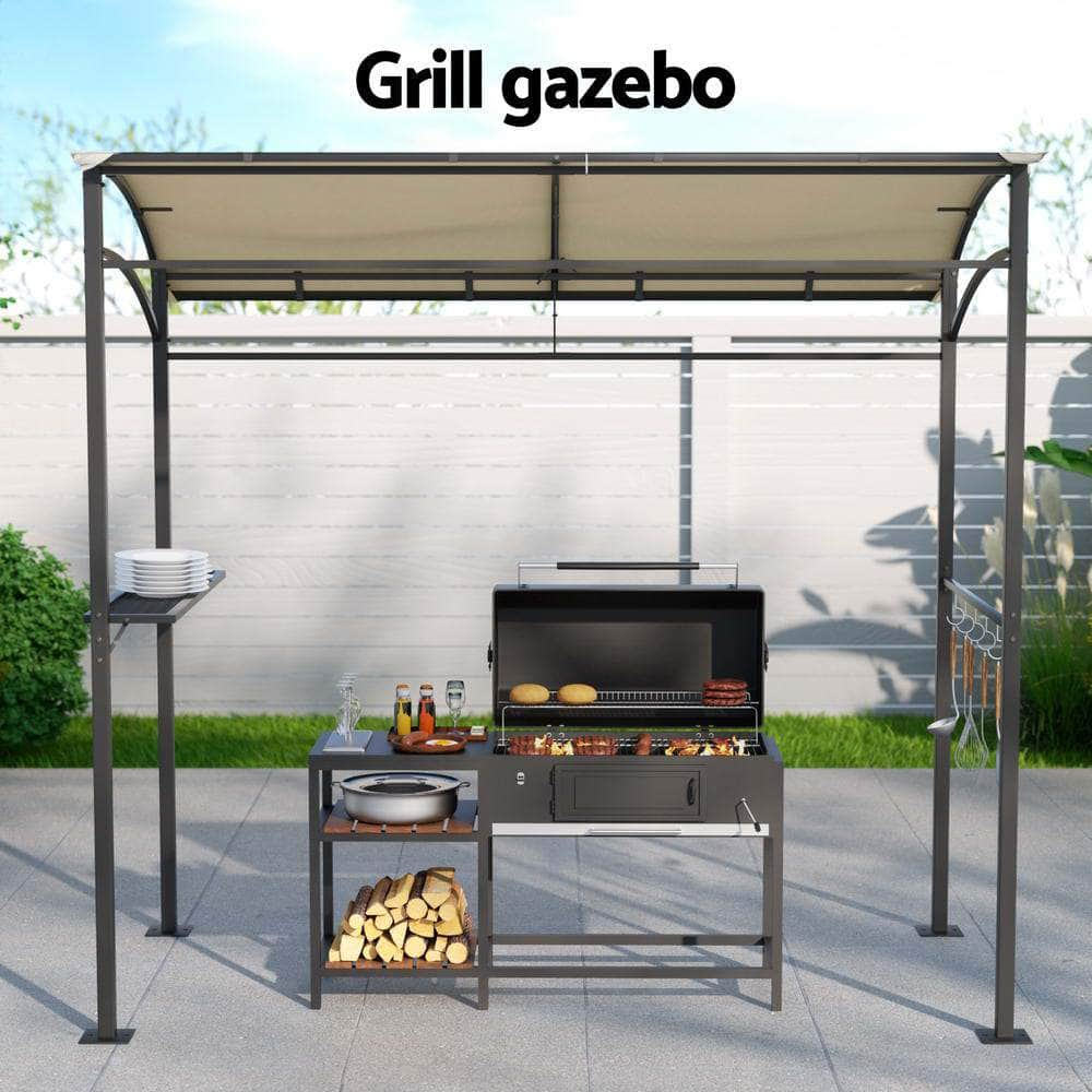 Beige Gazebo BBQ Grill Patio Shelter with Shelf Hooks