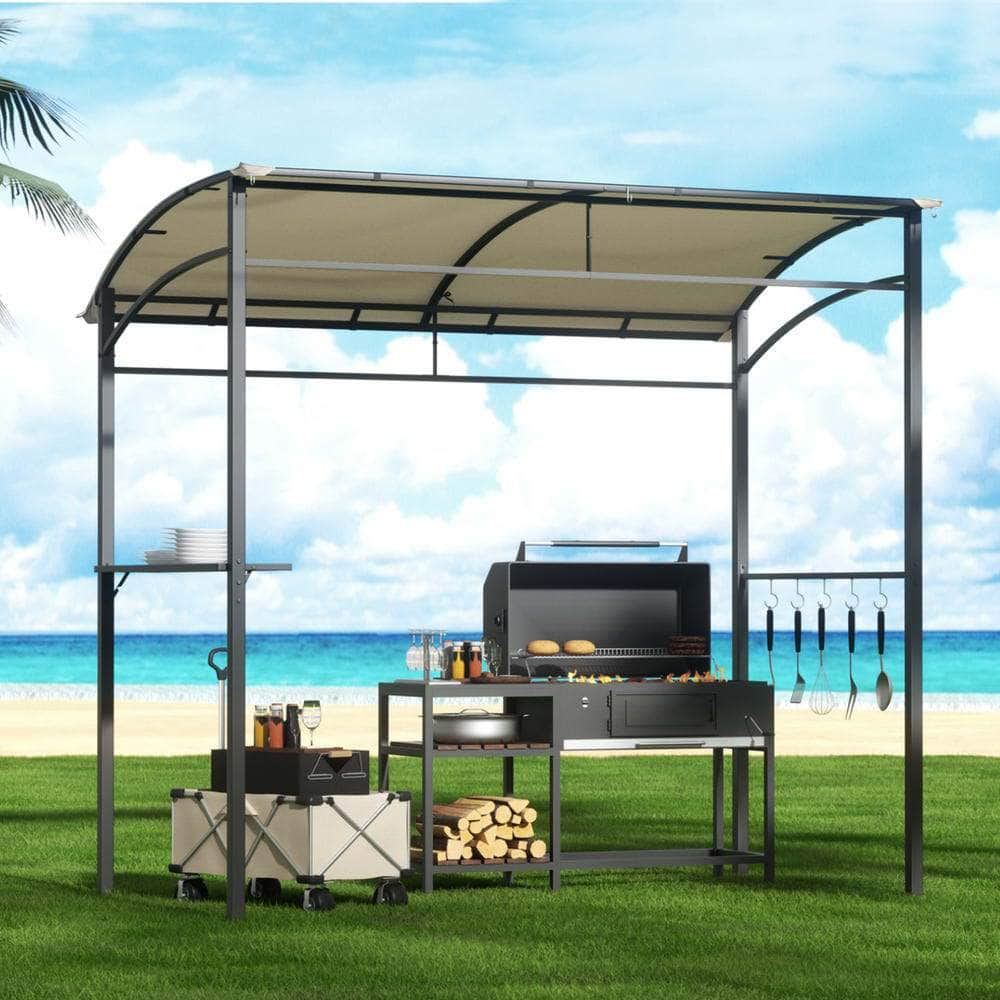 Beige Gazebo BBQ Grill Patio Shelter with Shelf Hooks