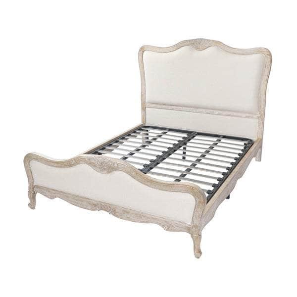 Beige Linen Fabric Queen Bedframe With Oak Wood Finish