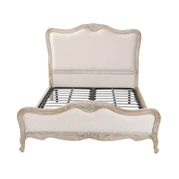 Beige Linen Fabric Queen Bedframe With Oak Wood Finish