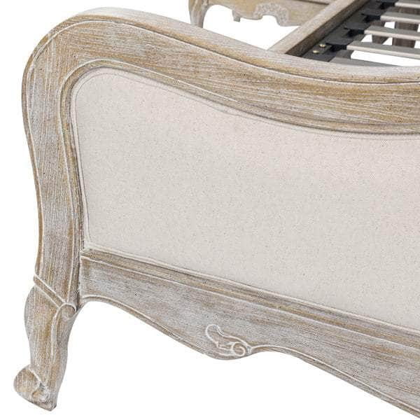 Beige Linen Fabric Queen Bedframe With Oak Wood Finish