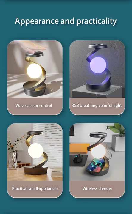 Black 360° Rotating Floating Night Light  Wireless Charging Table Lamp