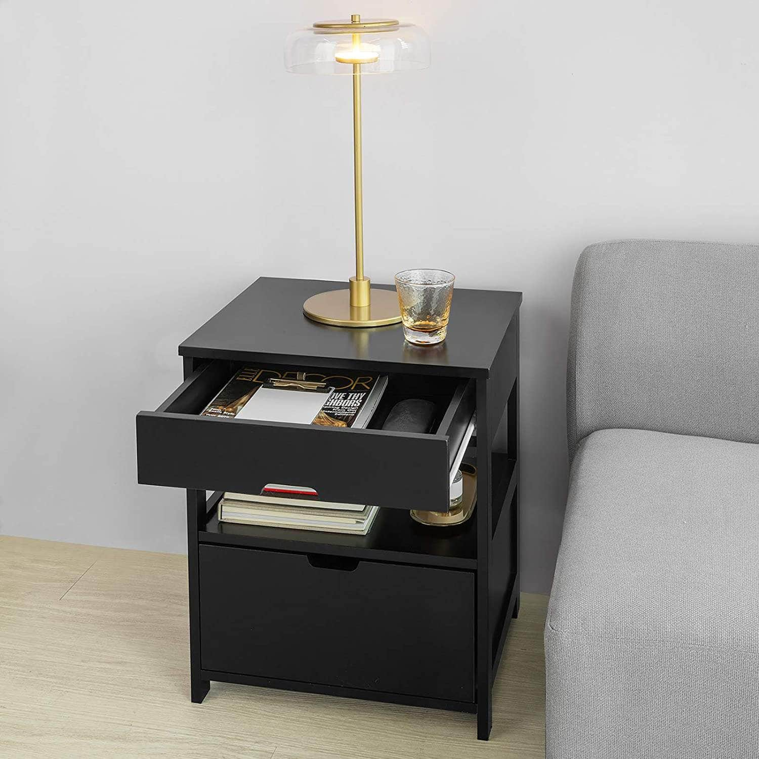 Black Bedside Table With 2 Drawers