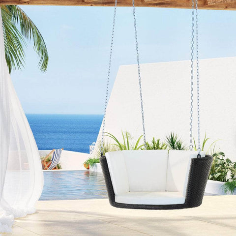 Black/Grey Rattan Porch Swing Chair with Chain Cushion