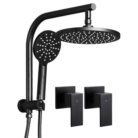 Black Handheld Round High Pressure Rain Shower Head Set With Twins Tap