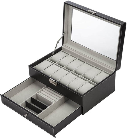 Black Leather Watch Box Jewelry Display Case With Drawers (12 Slots With 2 Layers)