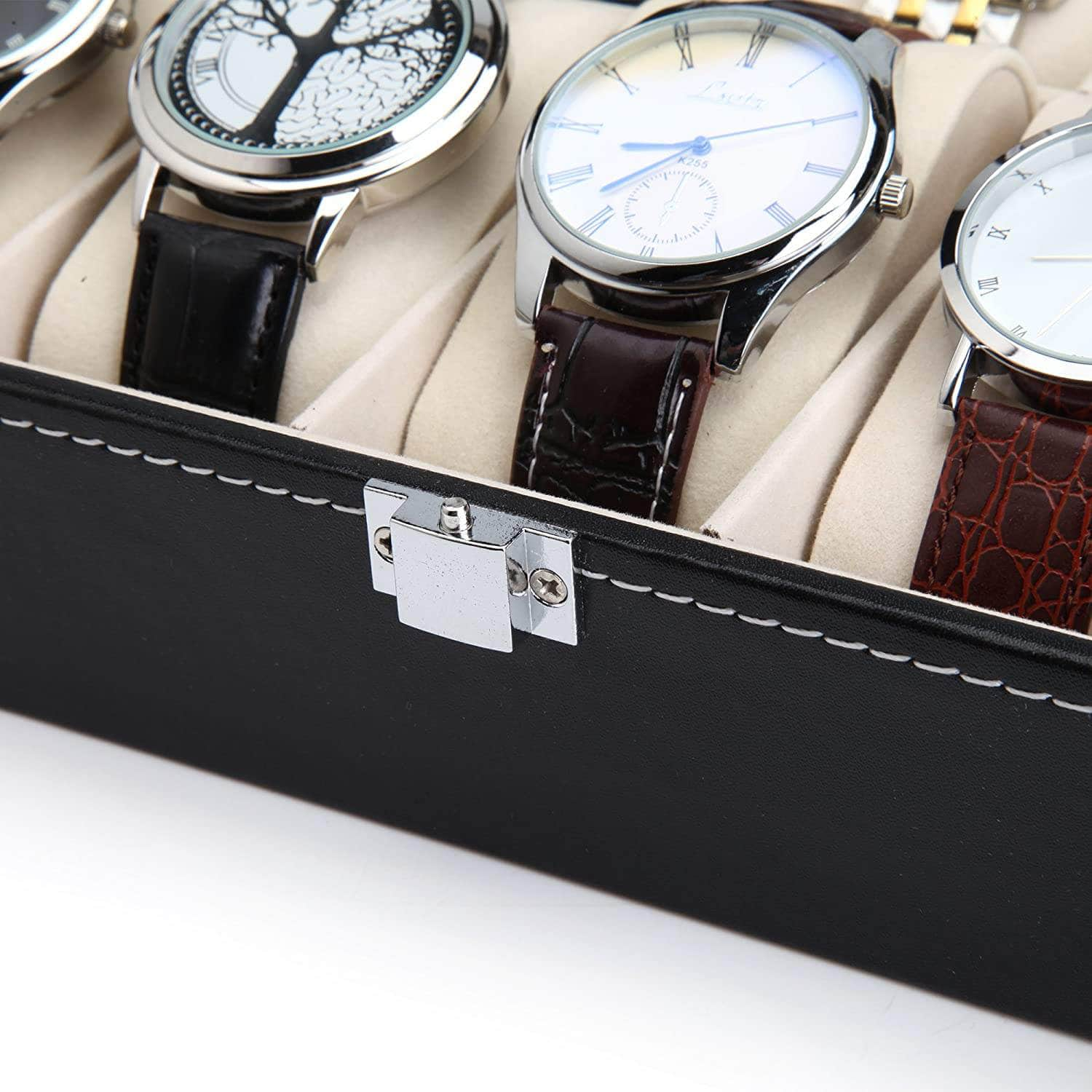 Black Pu Leather Watch Organizer Display Storage Box Cases (10 Slots)