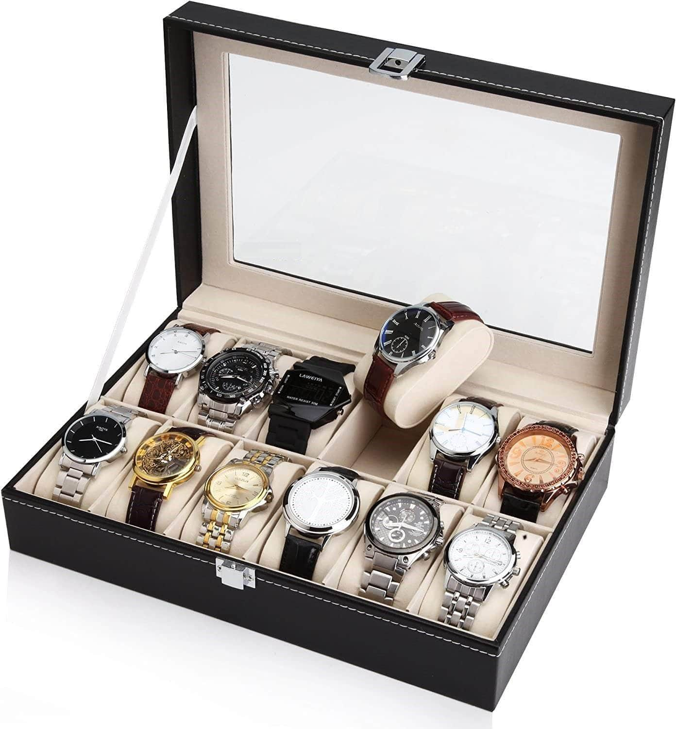 Black Pu Leather Watch Organizer Display Storage Box Cases (12 Slots)