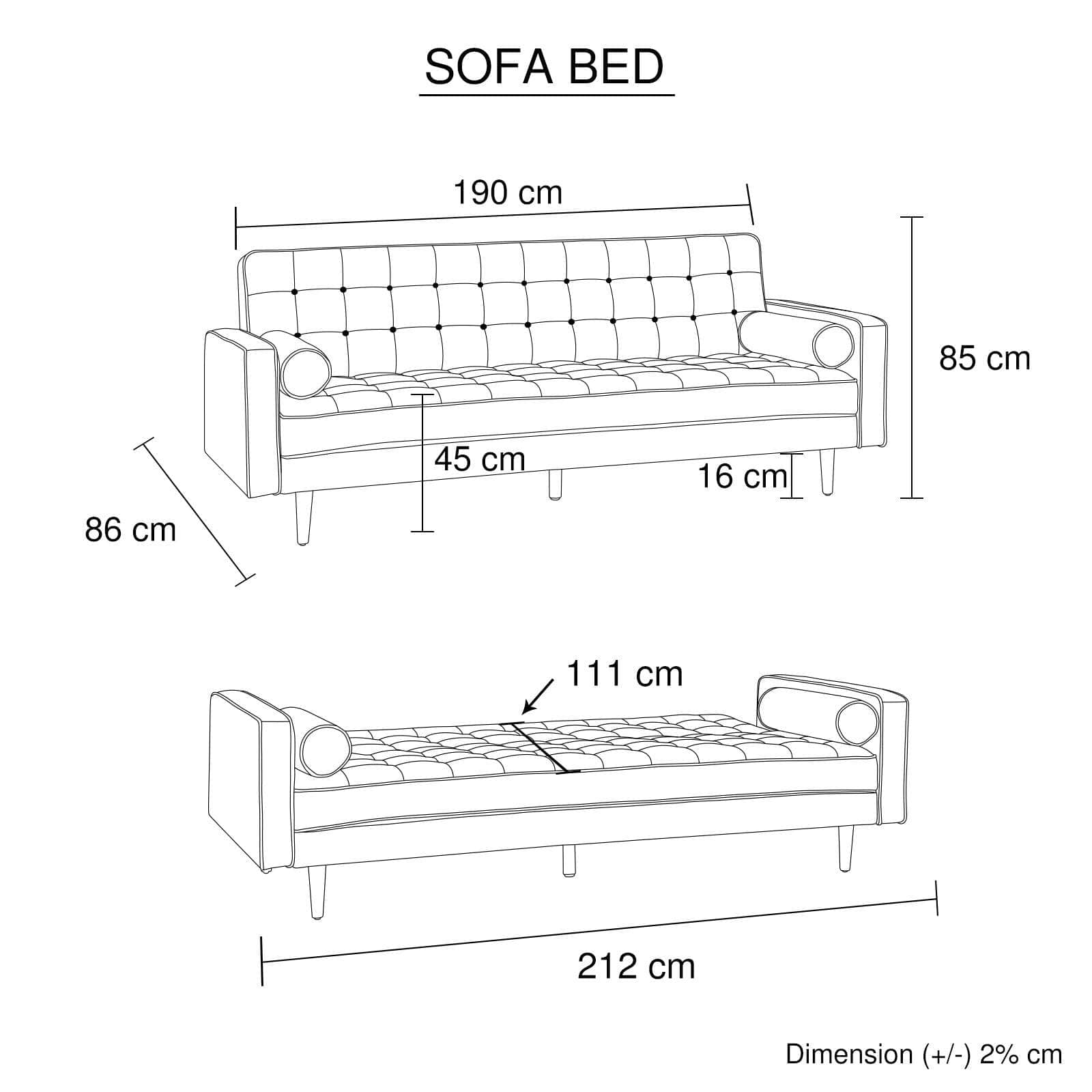 Black Velvet 3-Seater Button-Tufted Sofa Bed