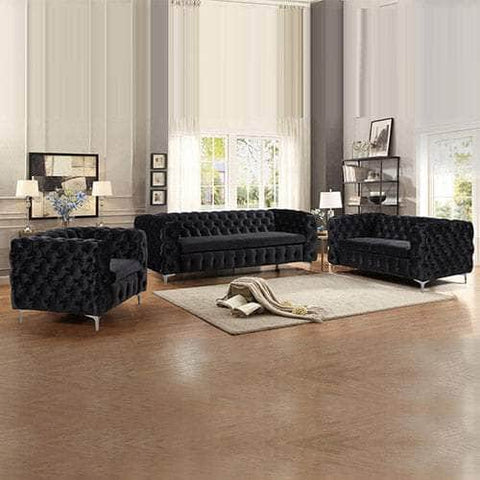 Black Velvet Button Tufted 3+2+1 Seater Sofa With Metal Legs