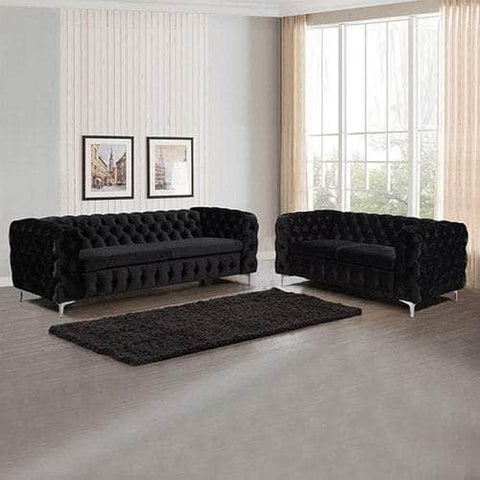 Black Velvet Button Tufted 3+2 Seater Sofa With Metal Legs