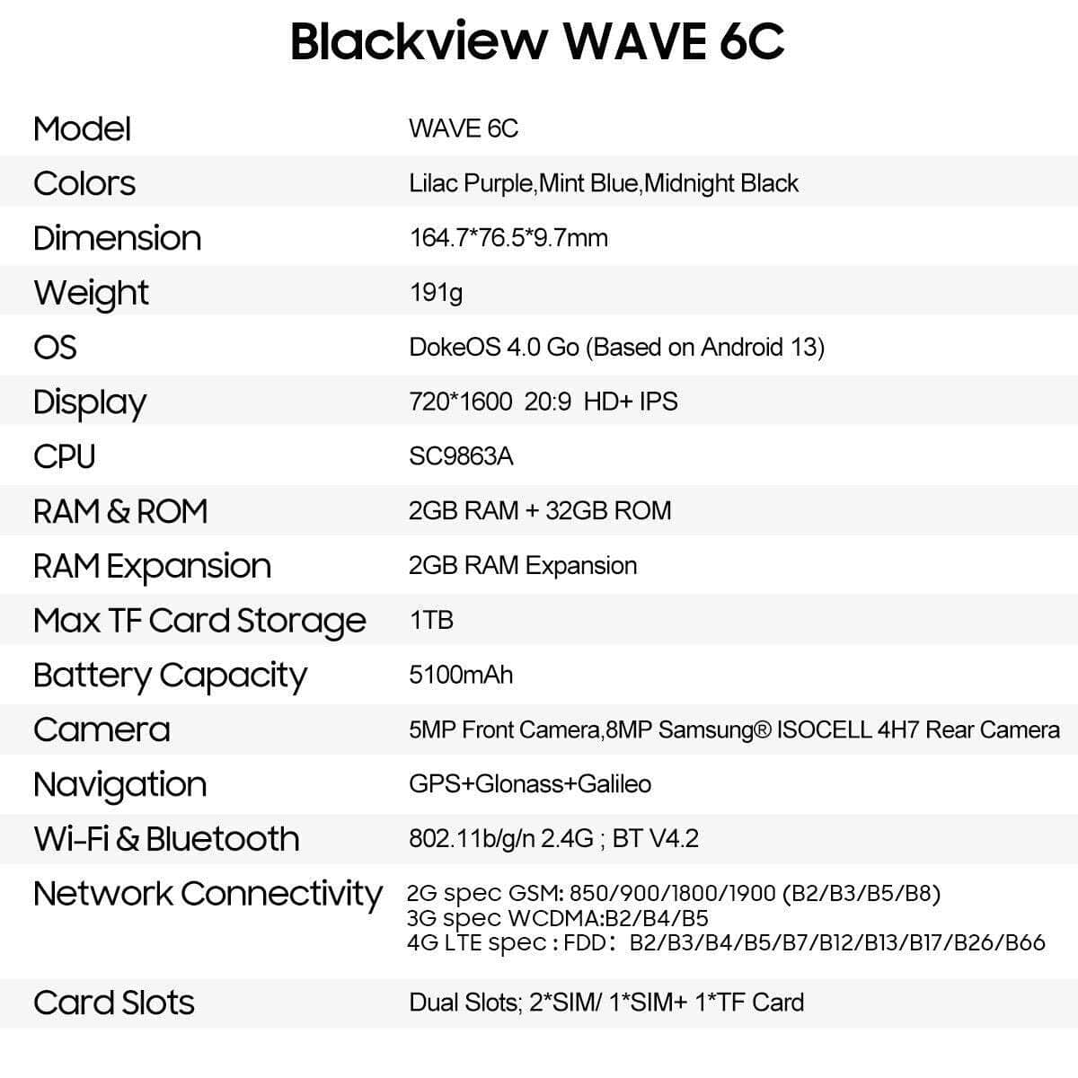 Blackview Wave 6C Mobile Phone Android 13 5100Mah ROM 32GB(TF 1TB) Smartphone