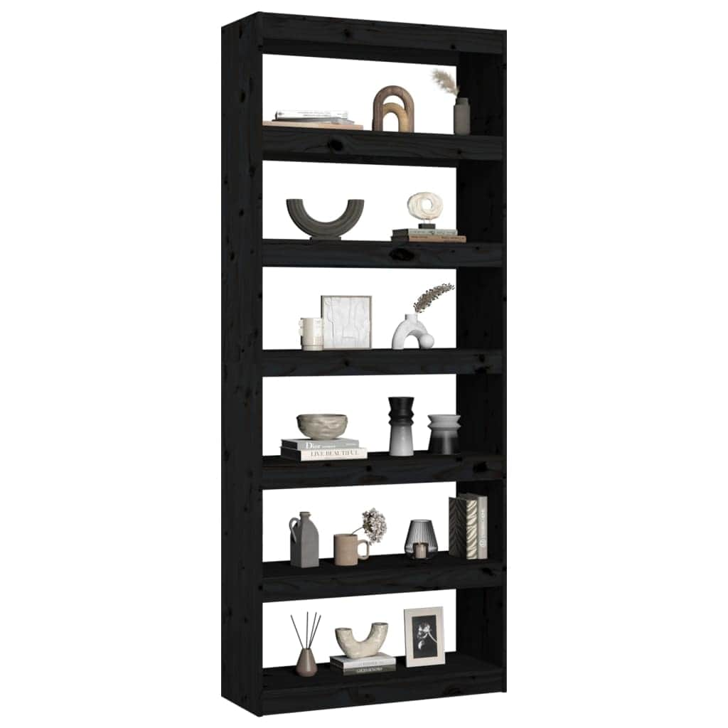 Book Cabinet/Room Divider 6 Shelves Black Solid Wood Pine