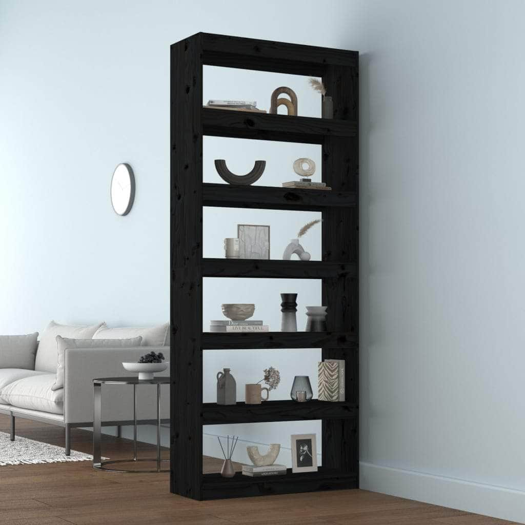 Book Cabinet/Room Divider 6 Shelves Black Solid Wood Pine