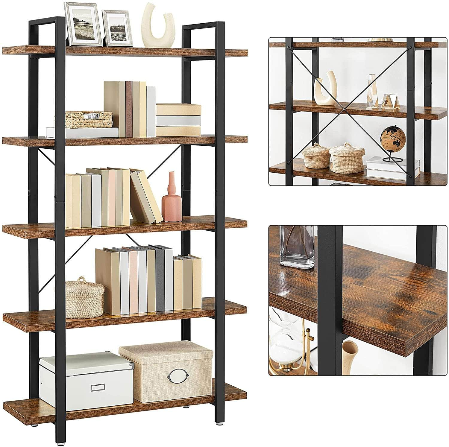 Bookshelf 5-Tier Industrial Stable Bookcase Rustic Brown And Black