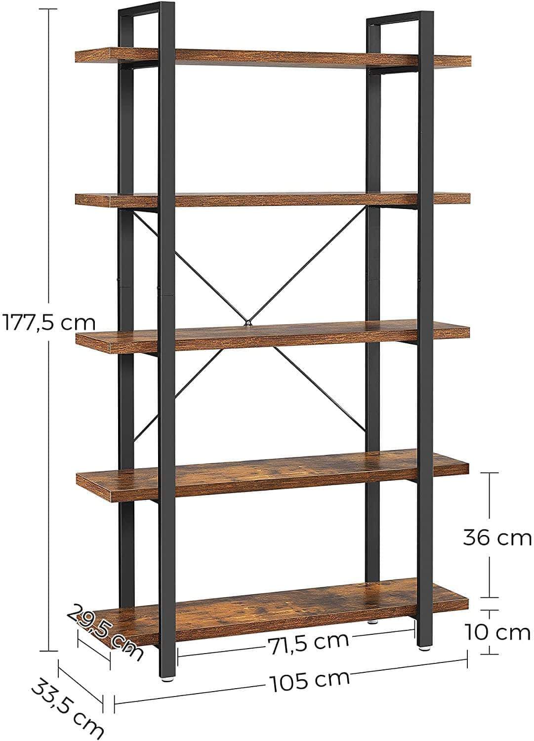 Bookshelf 5-Tier Industrial Stable Bookcase Rustic Brown And Black