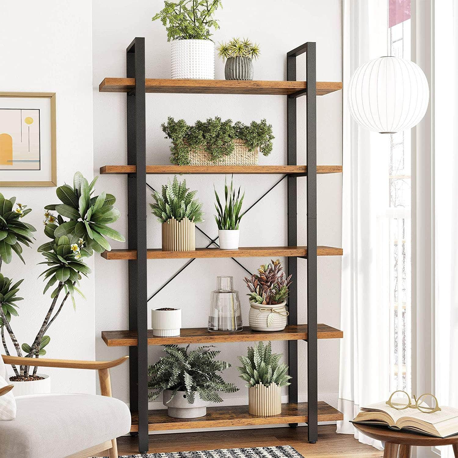 Bookshelf 5-Tier Industrial Stable Bookcase Rustic Brown And Black