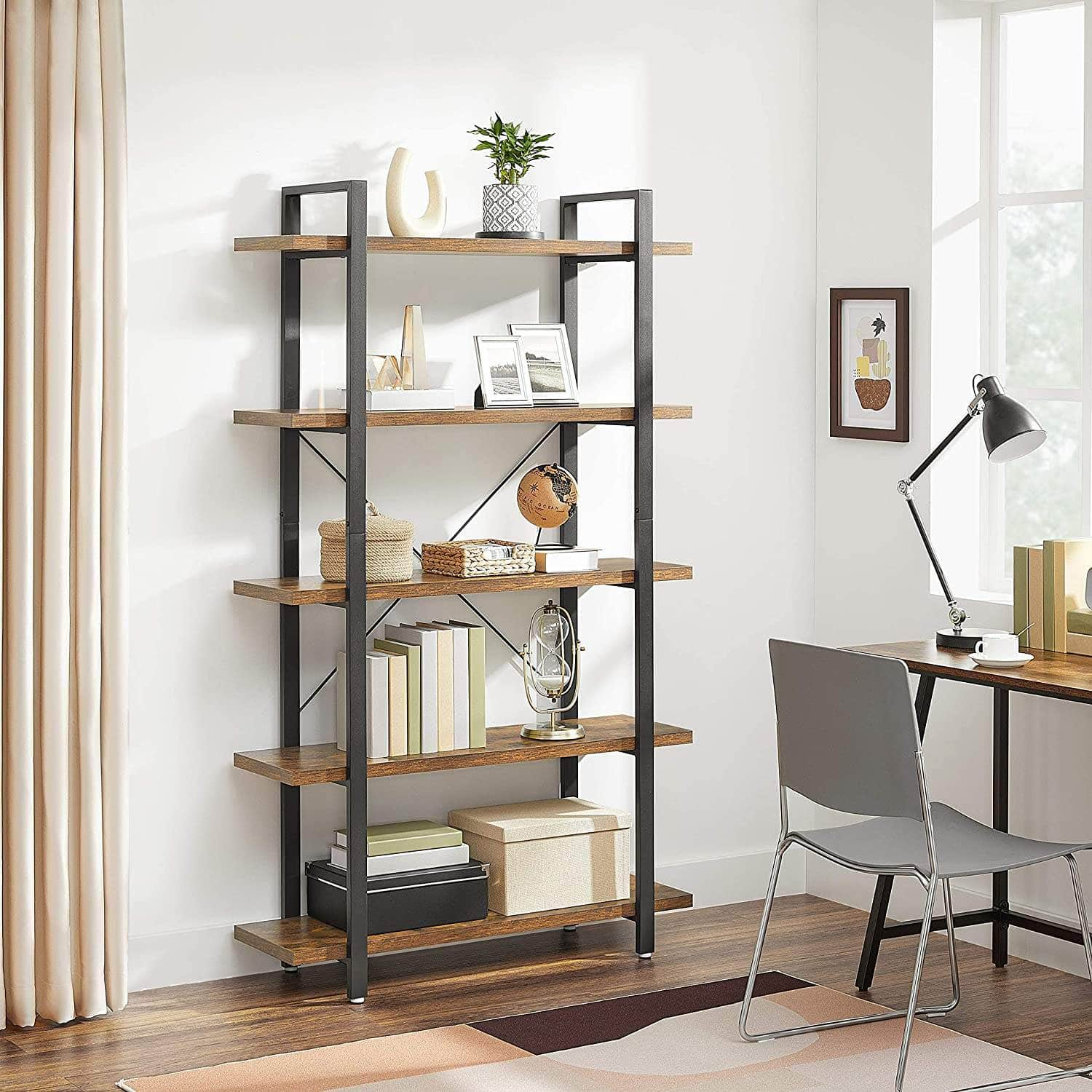 Bookshelf 5-Tier Industrial Stable Bookcase Rustic Brown And Black