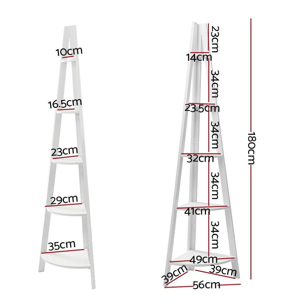 Bookshelf Corner Shelf 5 Tiers - Cane White