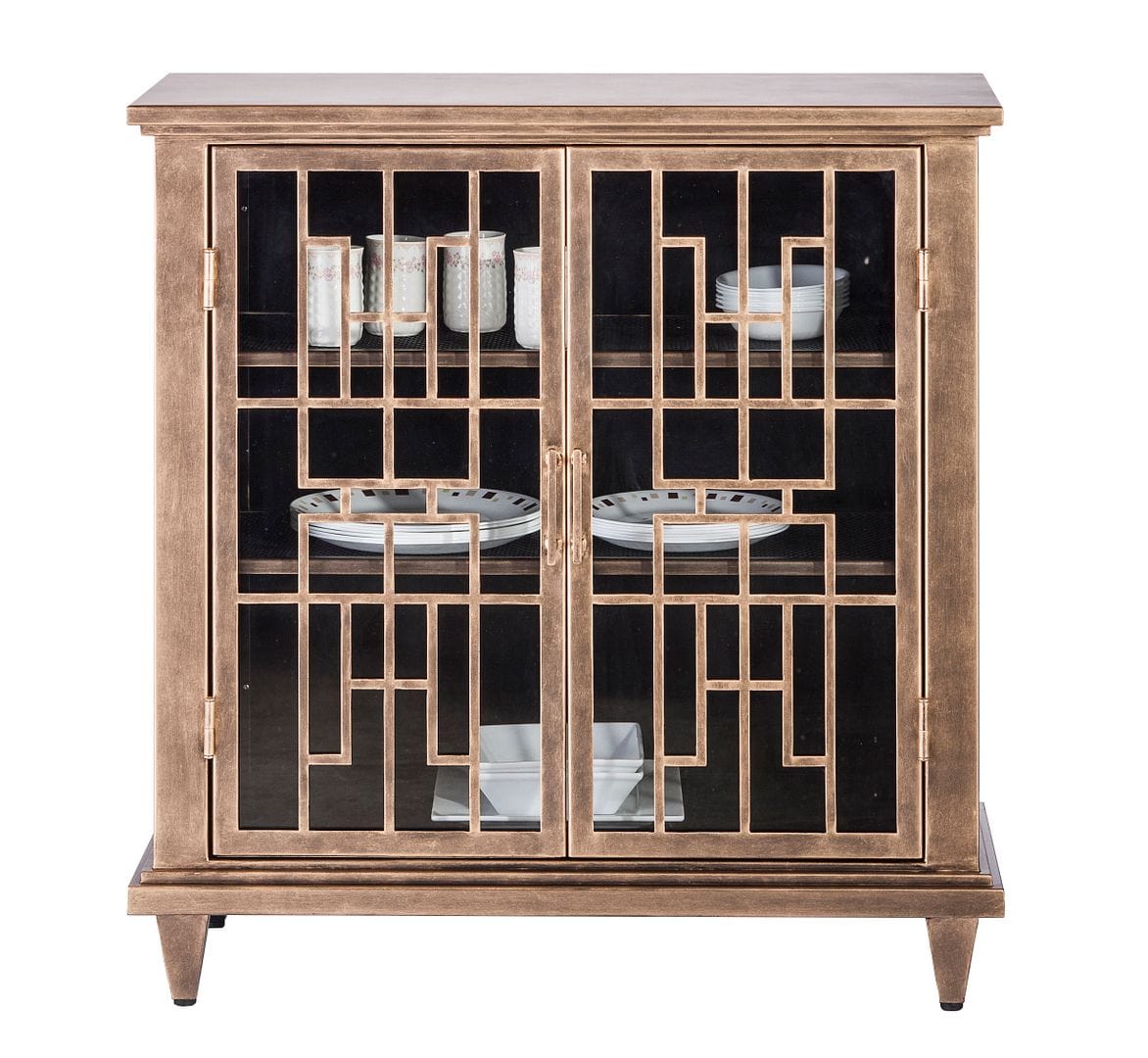 Brass Finish Iron Glass Buffet Sideboard Cabinet with 3-Level Storage