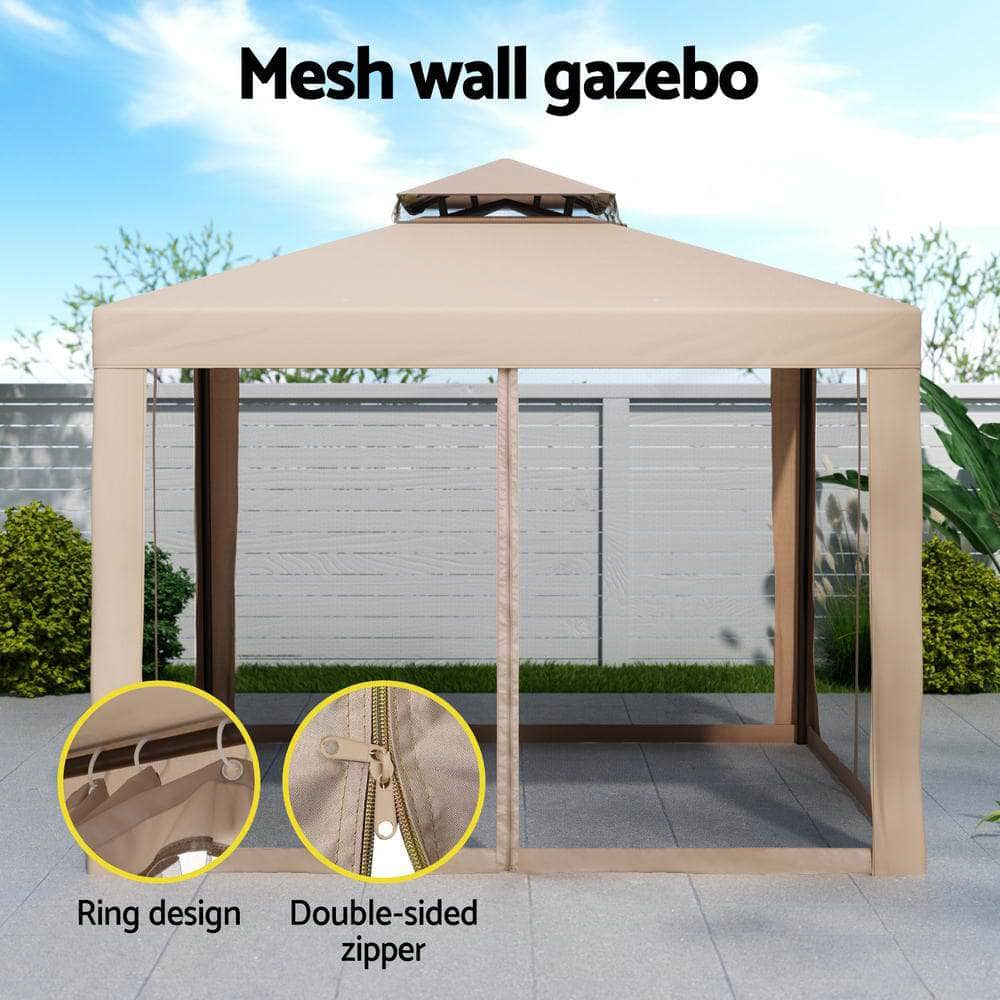 Brown Gazebo Marquee 3m Outdoor Event Tent with Mesh Wall