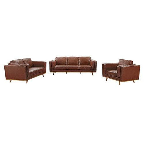 Brown Leather 3+2+1 Seater Sofa With Wooden Frame