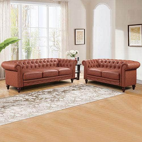 Brown Leather Chesterfield Style Button Tufted 3+2 Seater Sofa