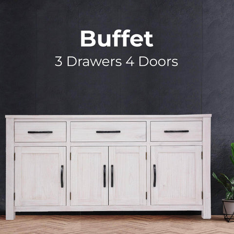 Buffet Table 158Cm 4 Door 3 Drawer Solid Mt Ash Timber Wood - White